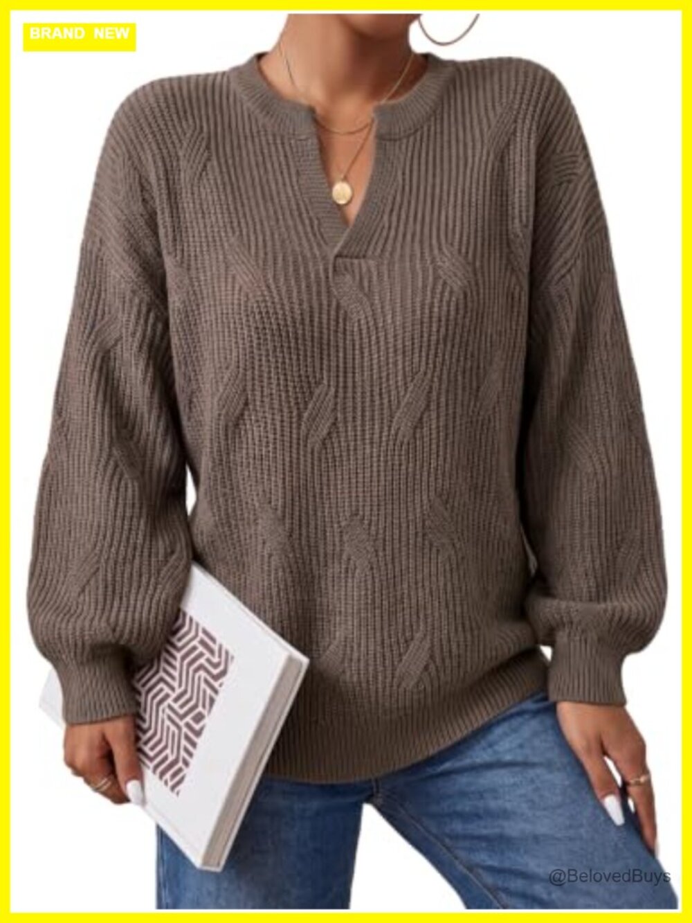 Wool Blend Oversized Henley V-Neck Chunky Pullover Sweater Fall Winter